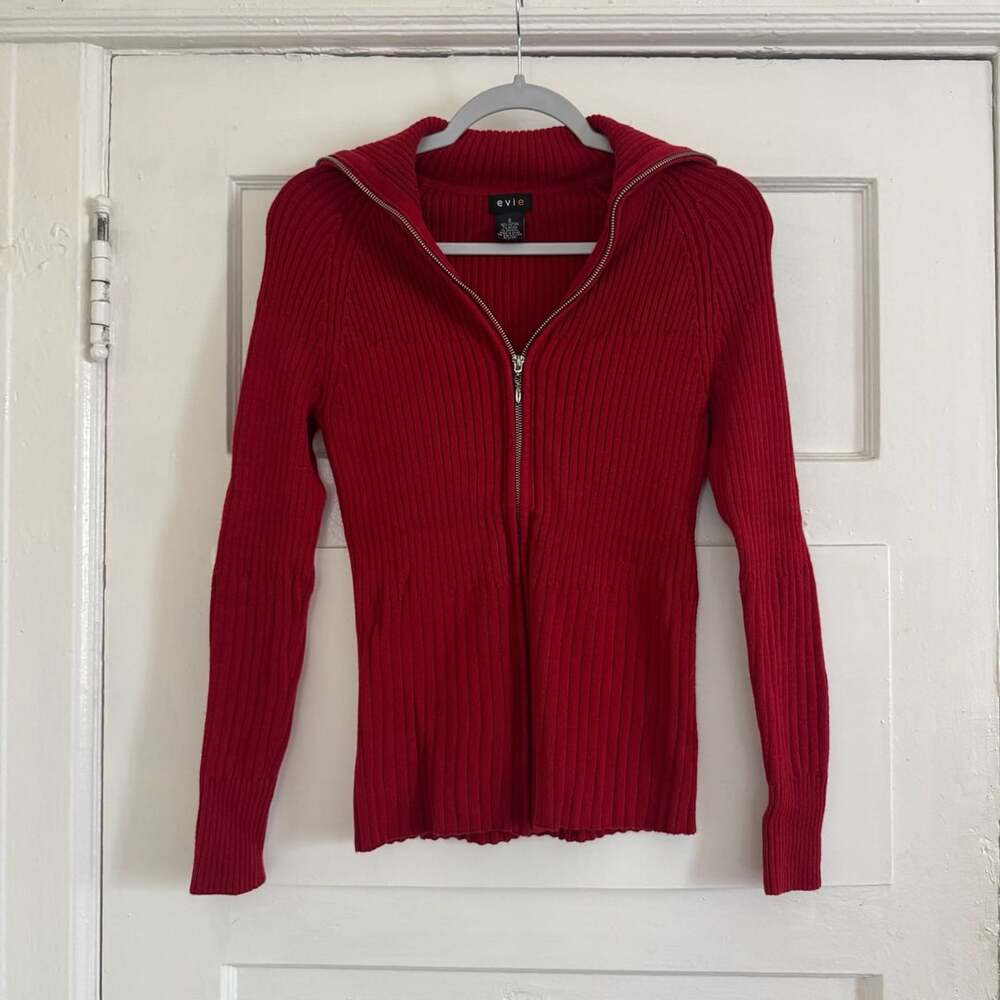 Evie Red Rib Knit Full Zip Turtleneck Sweater Top Size S